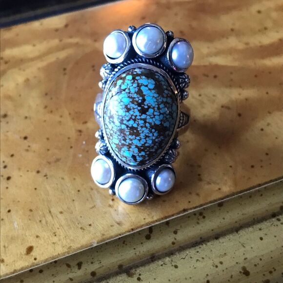 Royston Blue Horizon Turquoise White Pearl Cocktail Ring Size 6 - Picture 8 of 10